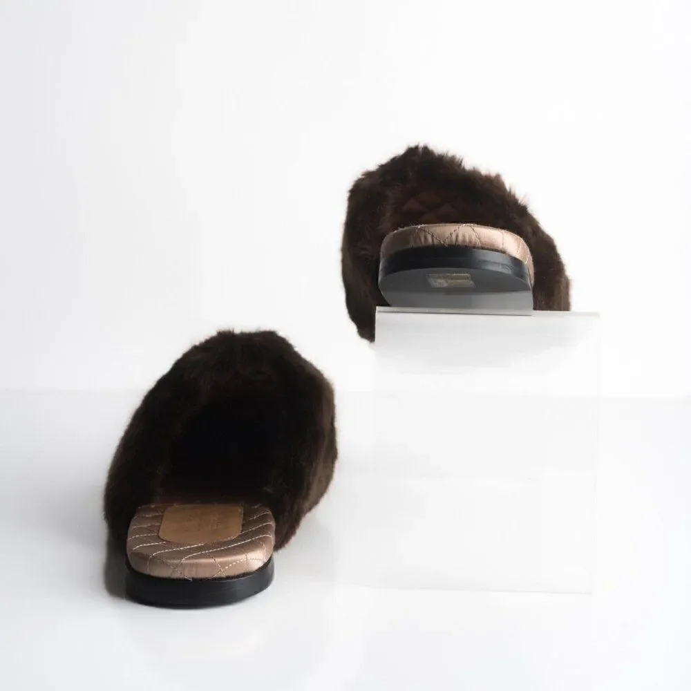 Gucci Mens Black Leather Mules Slippers Faux Fur Quilted Limed ed US 8.5 New